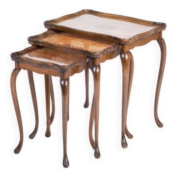 Tables Gigognes Vintage avec Plateau en Rotin et Verre de Jason Møbler, 1960s, Set de 3