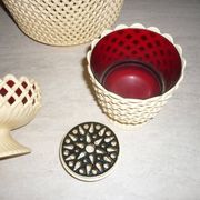Lot of red and beige Emsa vases, flower spikes, pot cover and a bowl