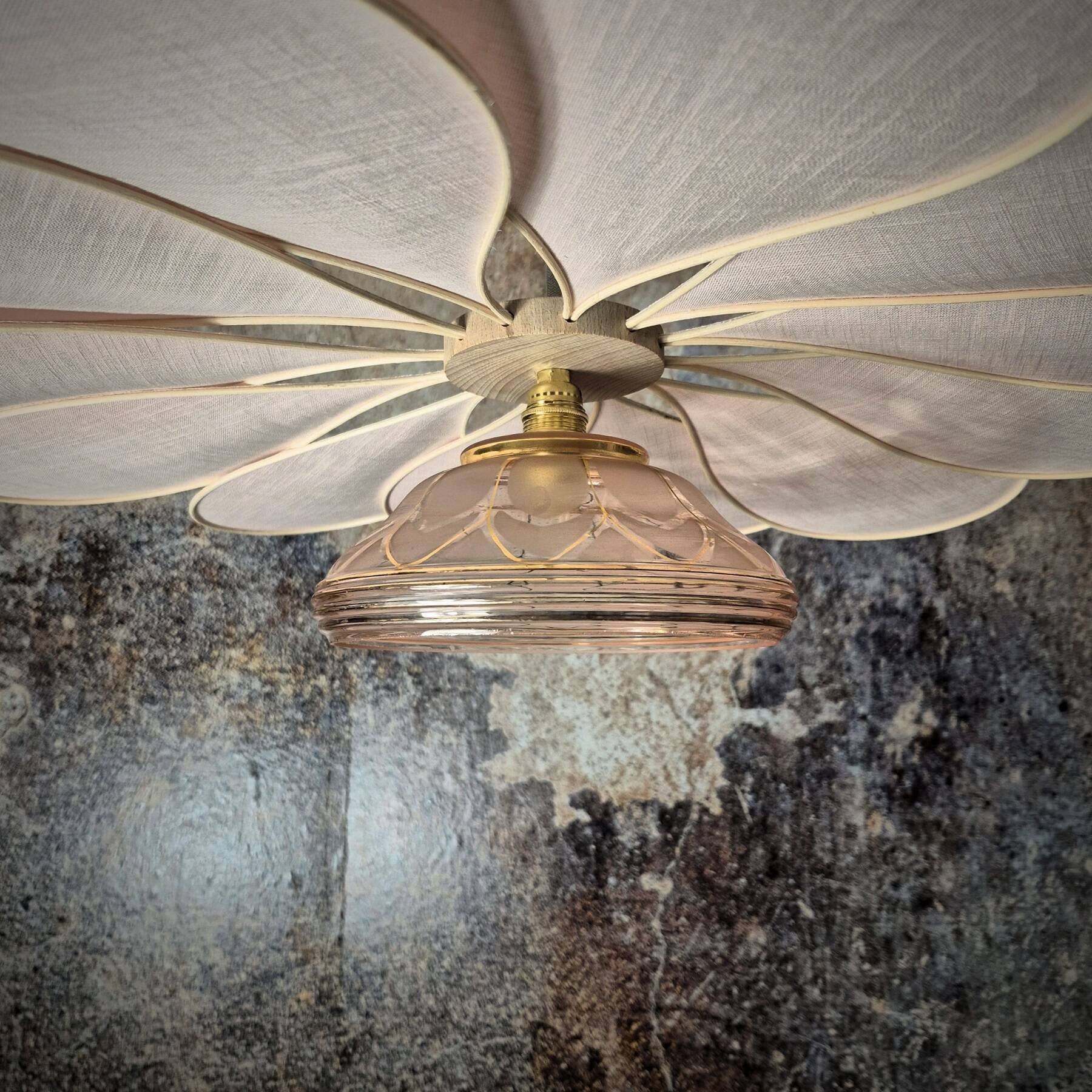 Hanging flower, 12 petals in rattan and pink linen, vintage glass globe