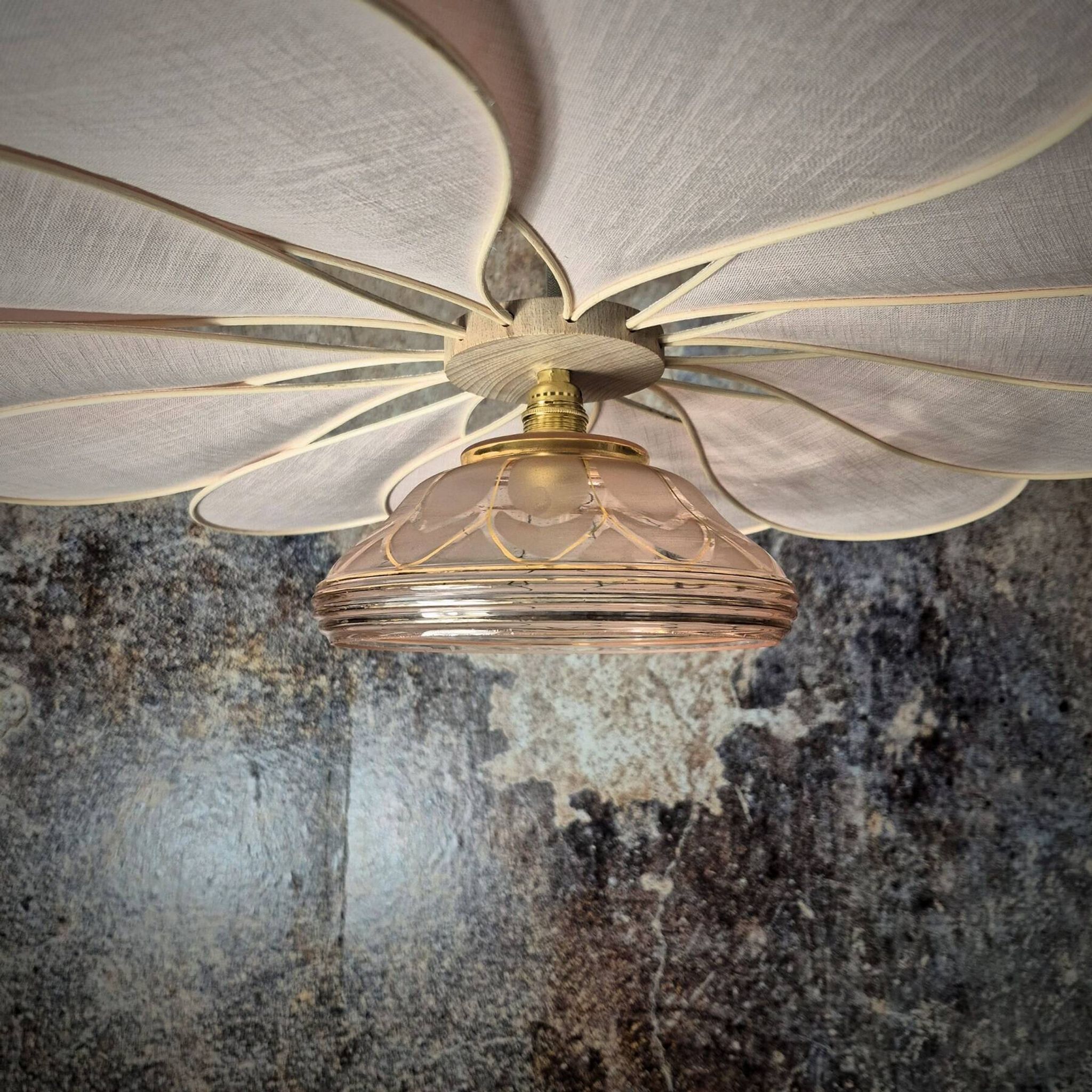 Hanging flower, 12 petals in rattan and pink linen, vintage glass globe