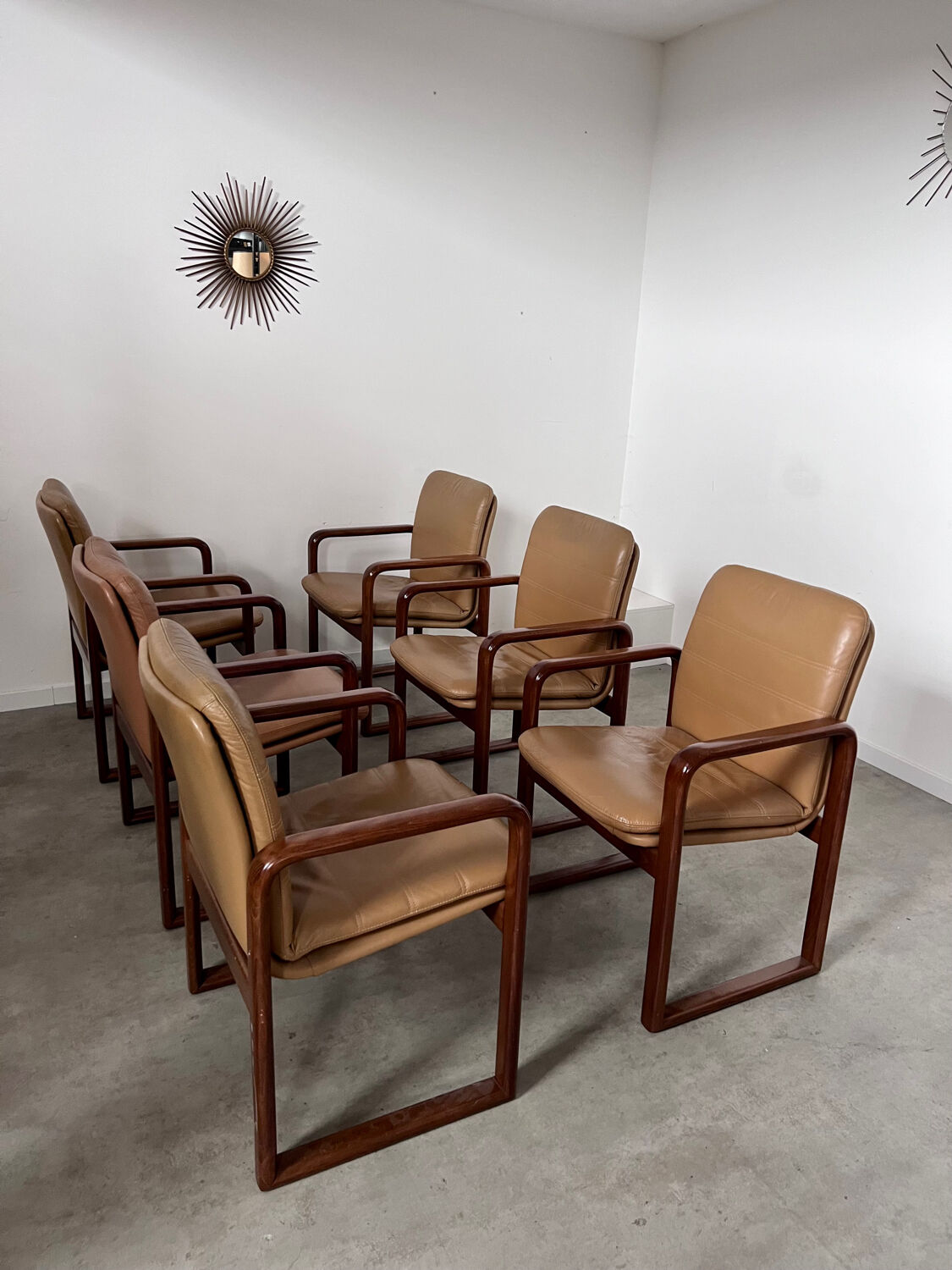 Lot 6 chairs armrests vintage 70s Scandinavian design leather and wood