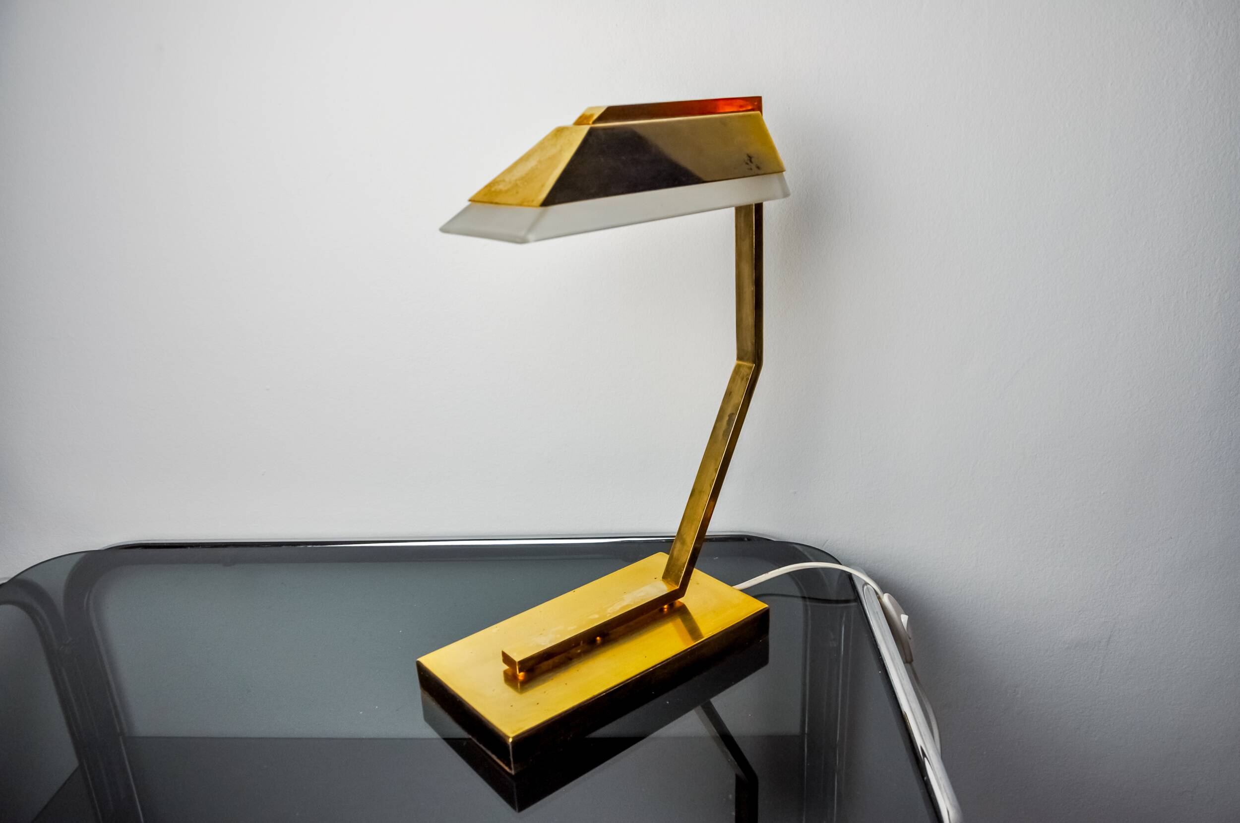 Geometric art deco lamp, brass and smoked glass, Spain, 1970