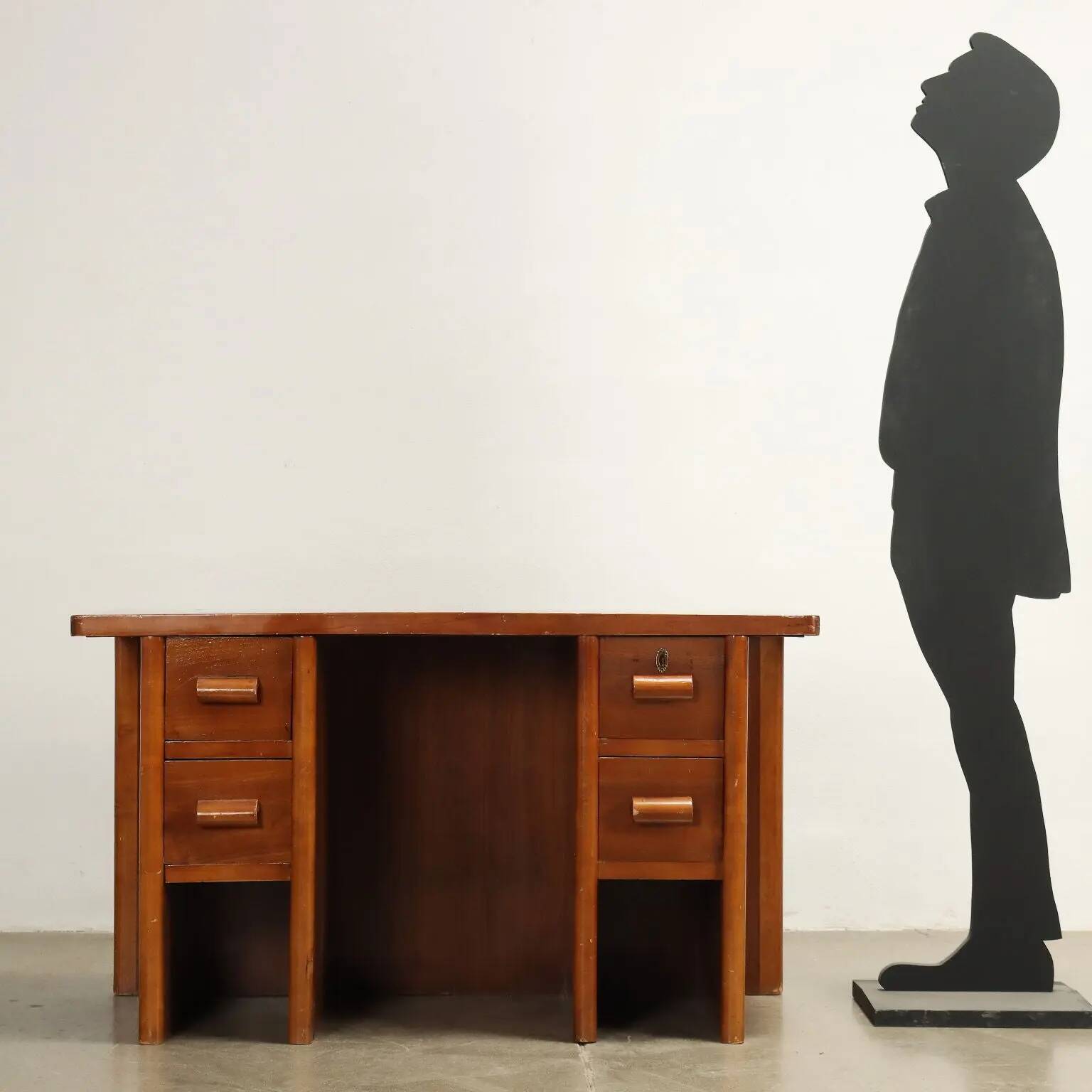 Vintage desk from the 1940s with side drawers in walnut, Italy.