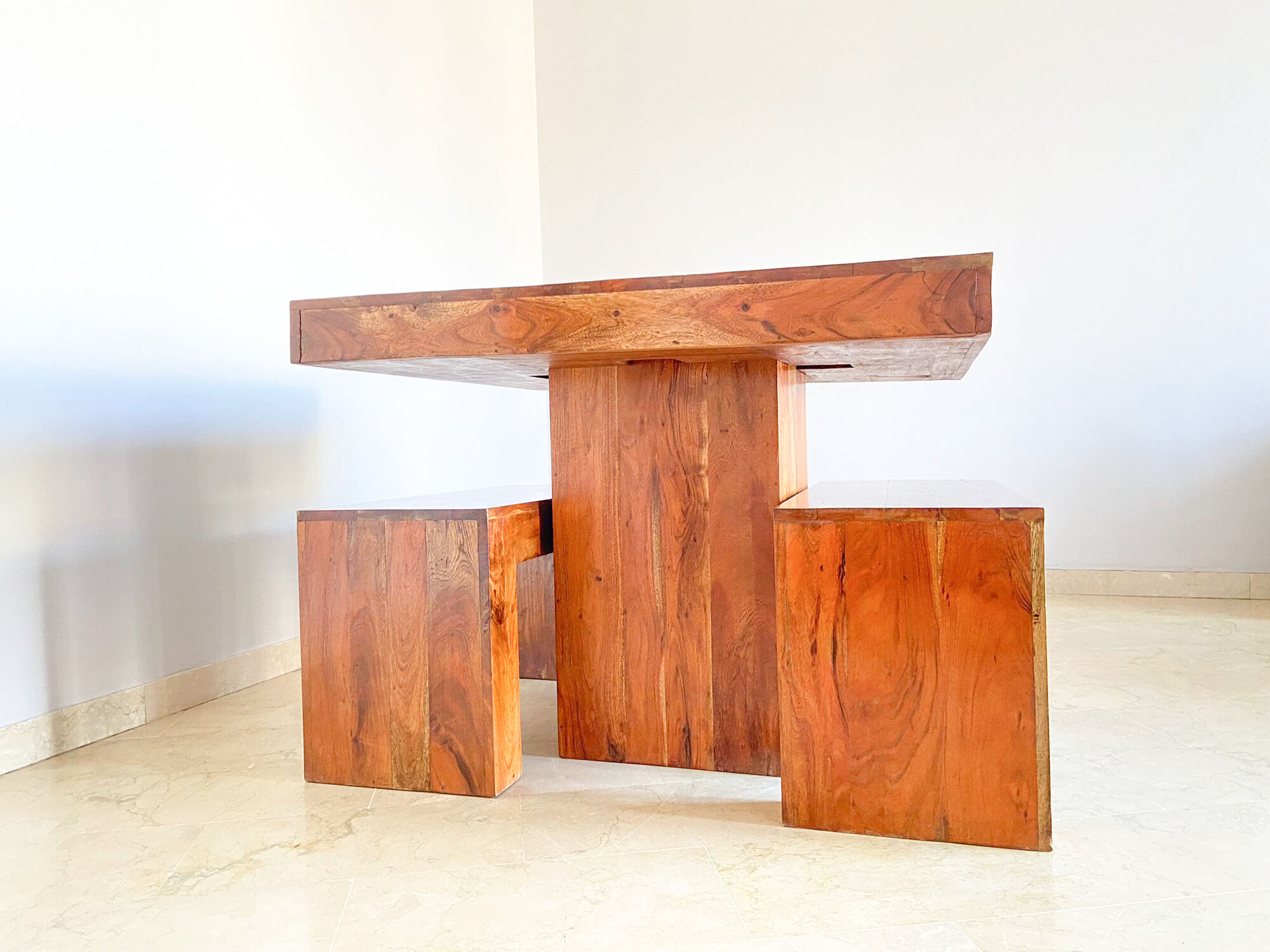 Set dining table plus 2 benches in solid teak wood, Italy 1970s