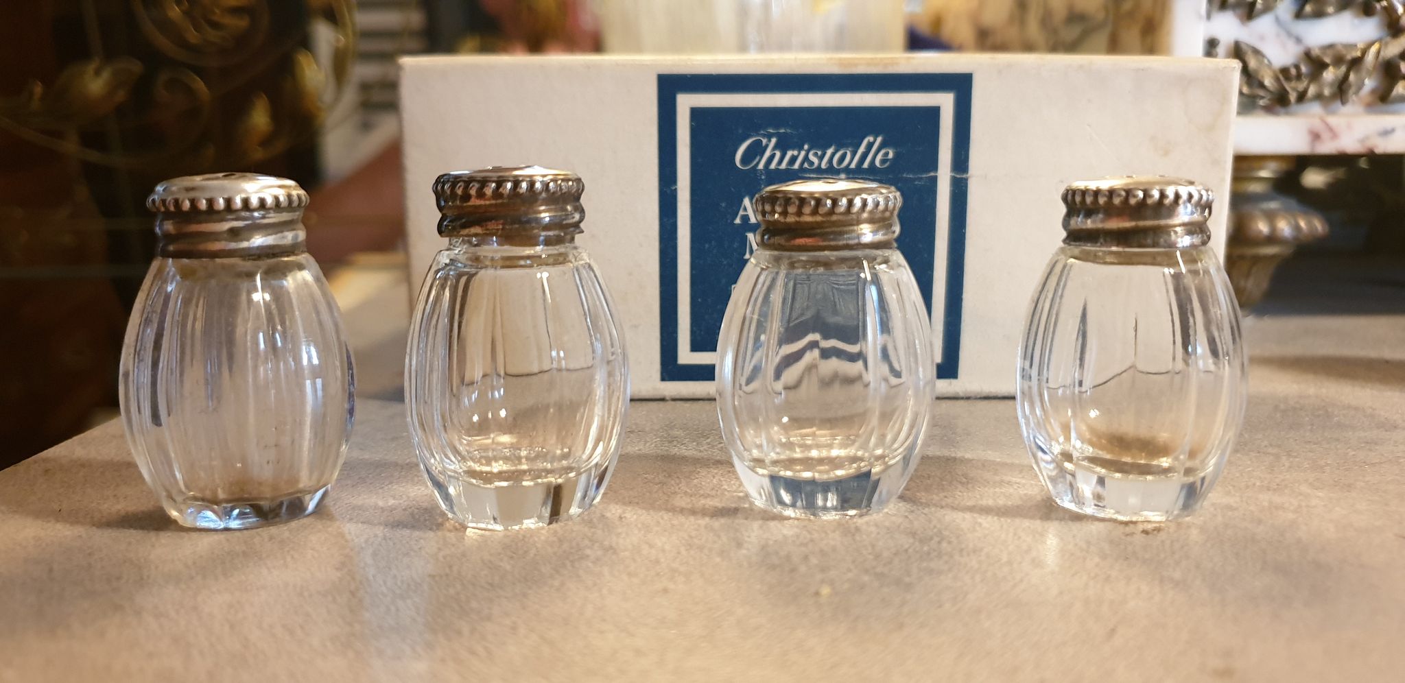 Goldsmith christofle salt shakers salters solid silver & glass