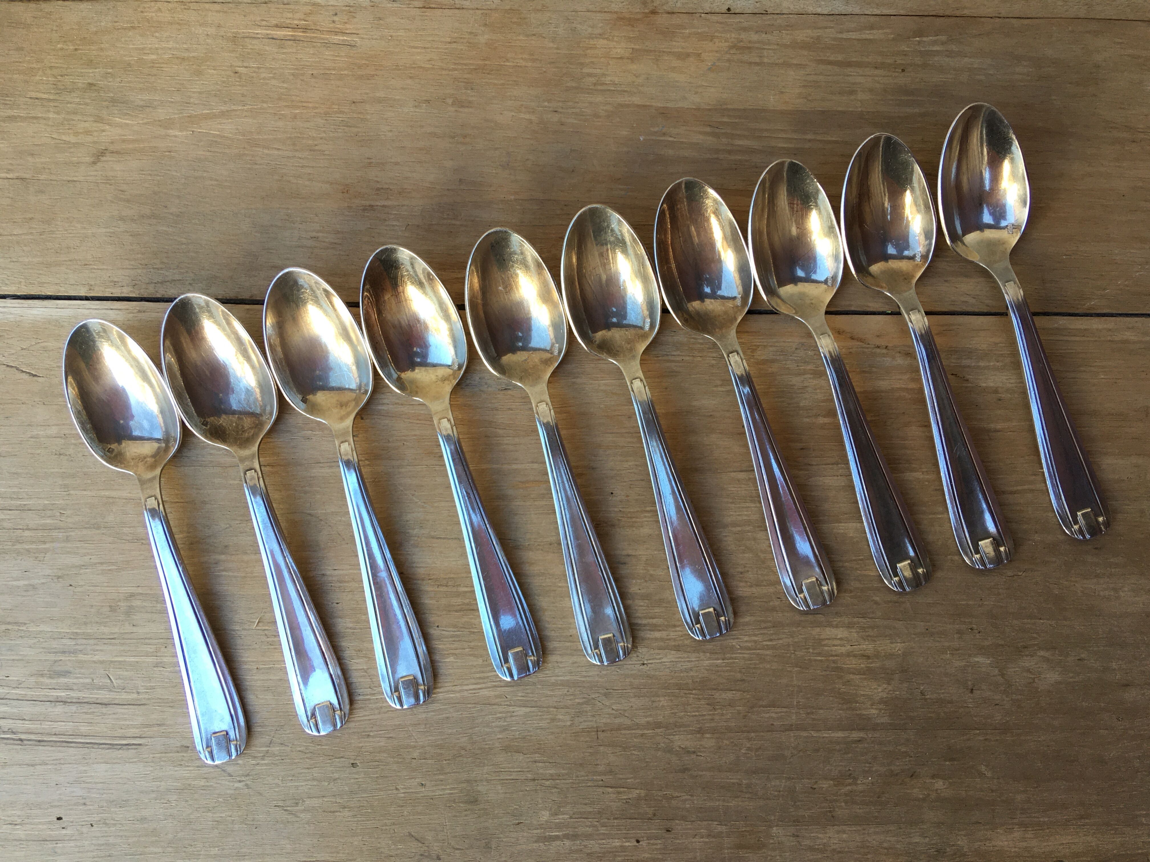 10 silver metal spoons art deco style