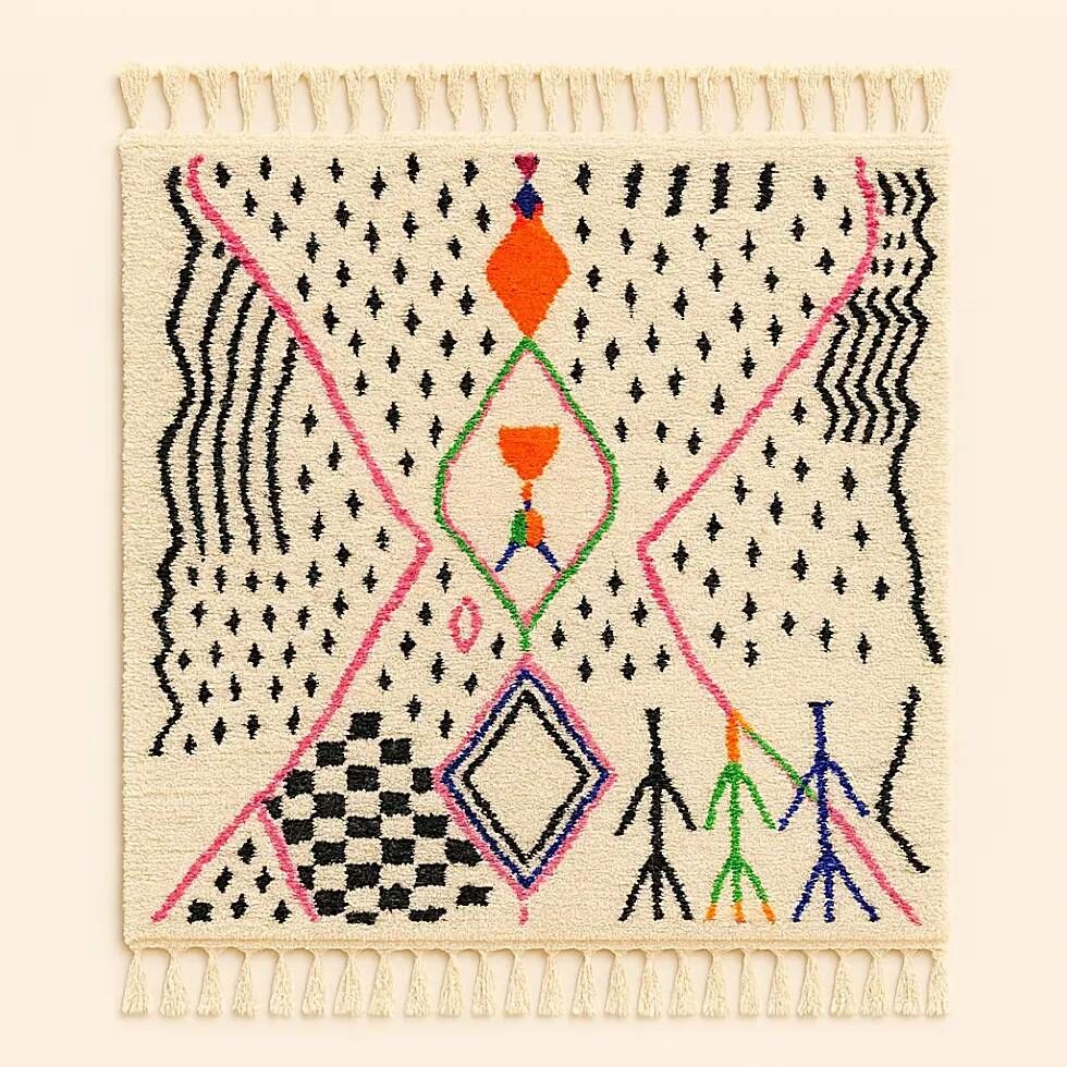 Ecru Azilal rug with colourful Berber symbols.