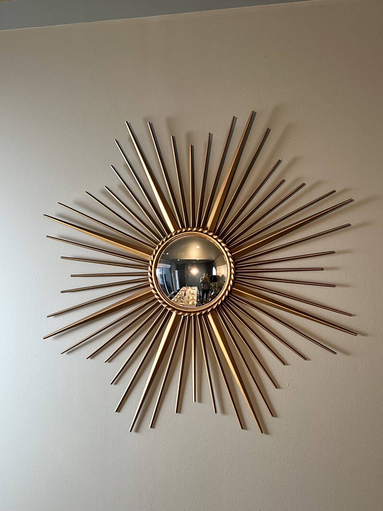 Golden Metal Sun Mirror with Convex Mirror by Chaty Vallauris. French Work