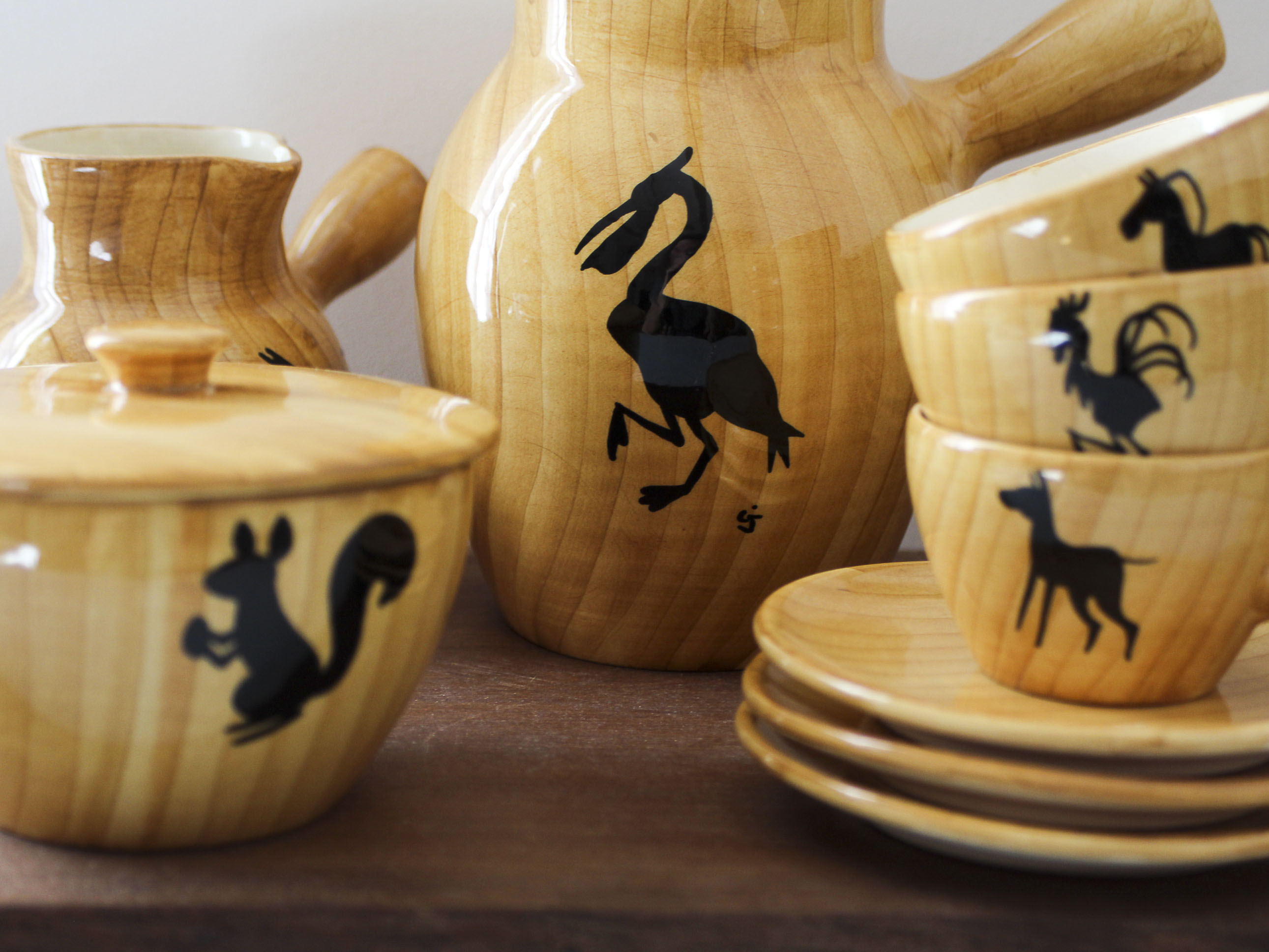 Ceramic coffee set imitation wood Grandjean-Jourdan Vallauris