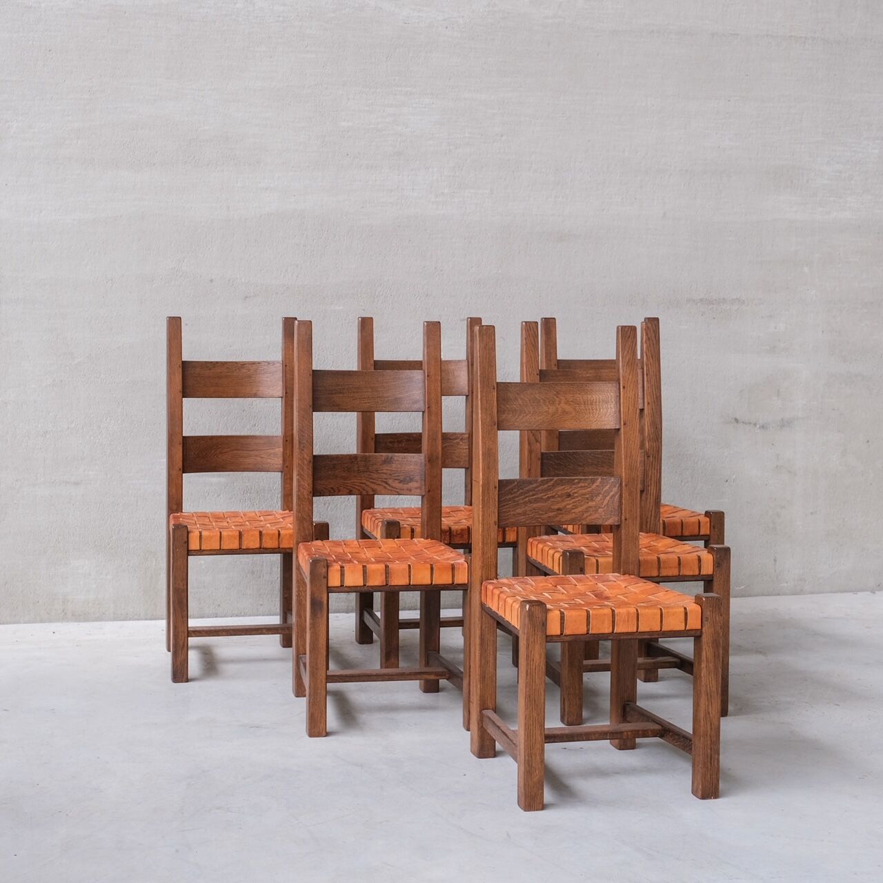 Set of Six Leather and Oak Mid-Century Dutch Dining Chairs