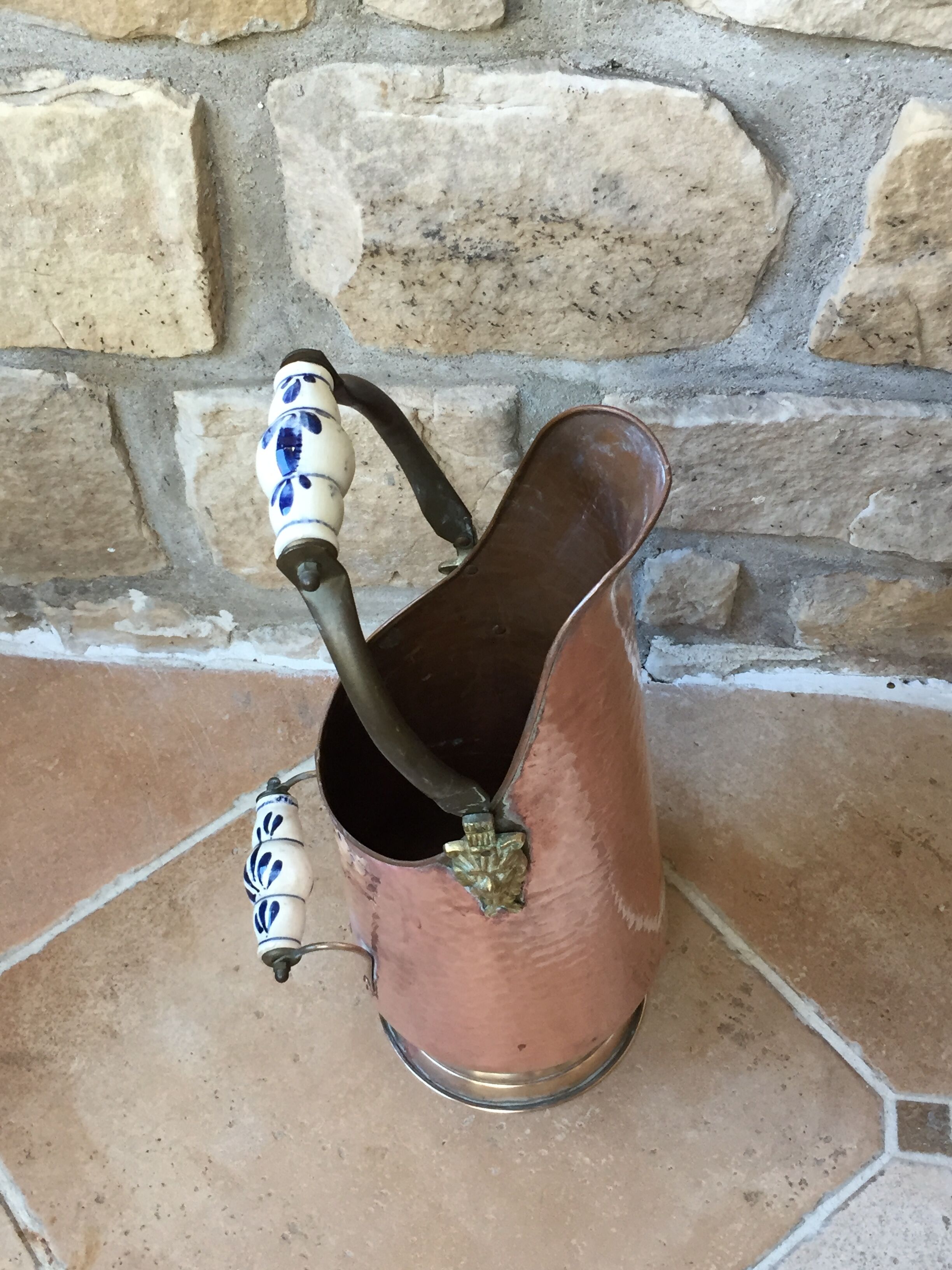 Pink hammered copper coal bucket and porcelain handles