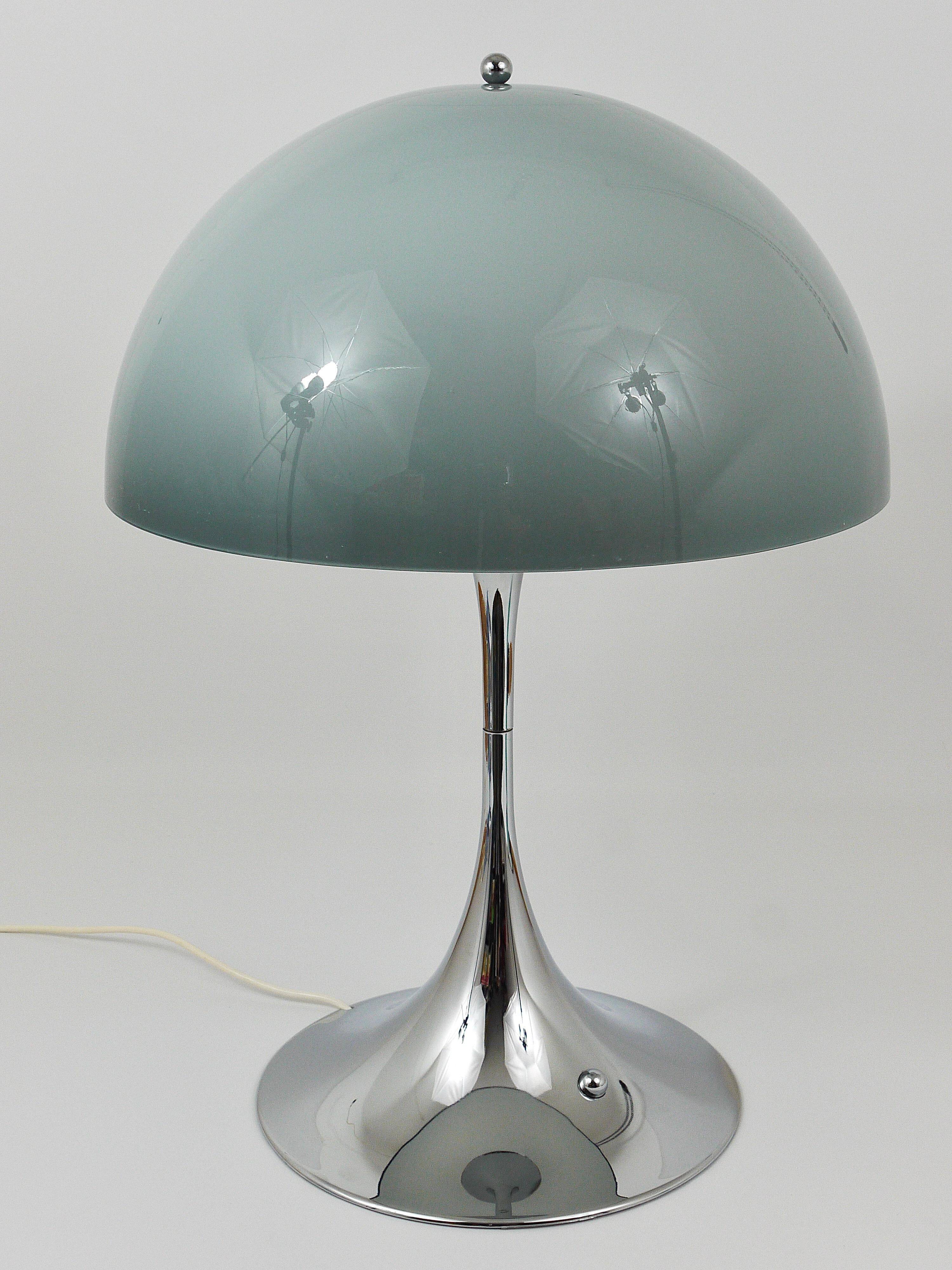 Rare Panthella table lamp by Verner Panton with a chrome base and grey shade.