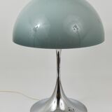 Rare Panthella table lamp by Verner Panton with a chrome base and grey shade.
