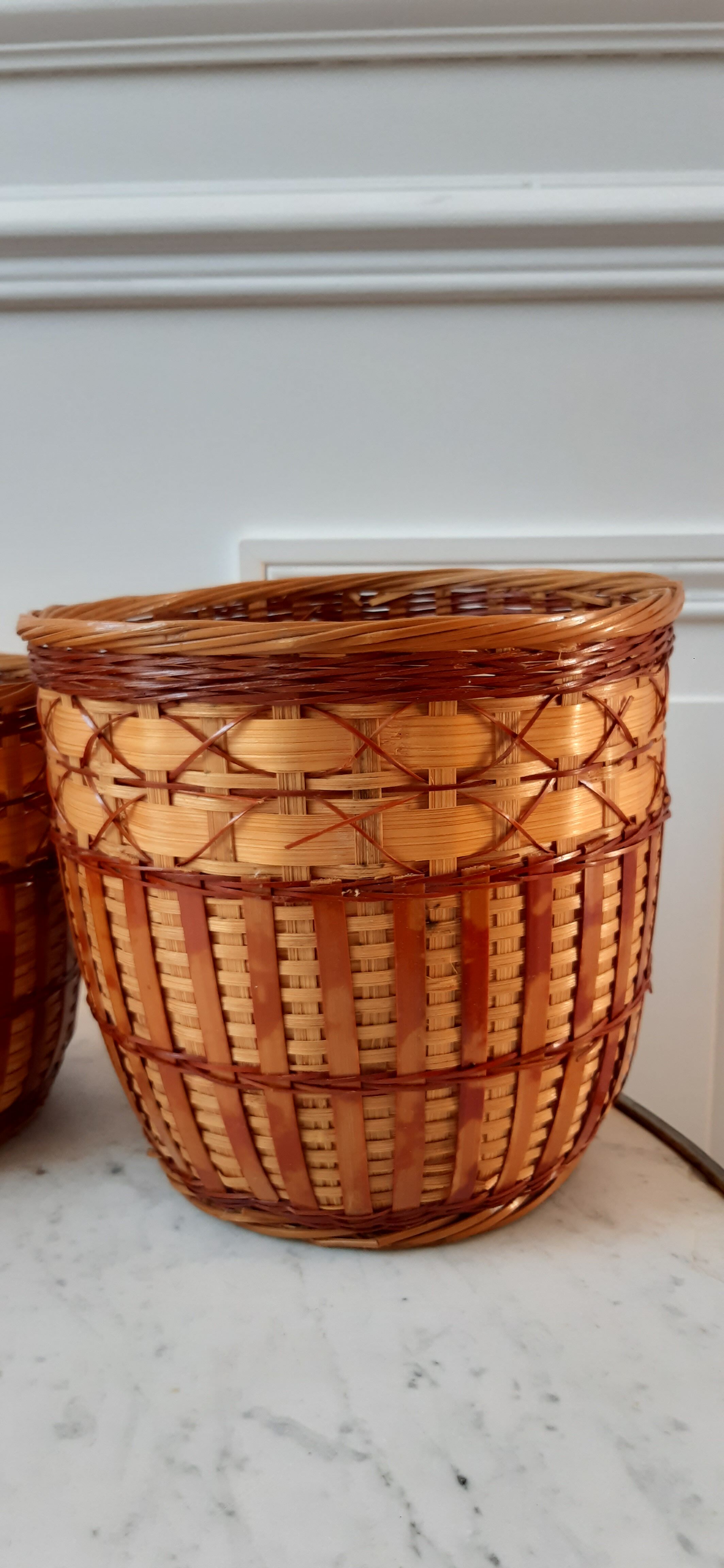 Trio of rattan and vintage bamboo pot covers 70s