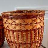 Trio of rattan and vintage bamboo pot covers 70s
