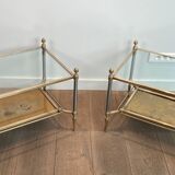 Pair of neoclassical side tables in steel and brass by Maison Jansen.