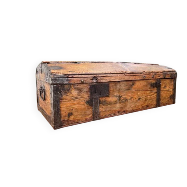 Coffre ou malle en bois antique français, fer et cuir faits à la main.