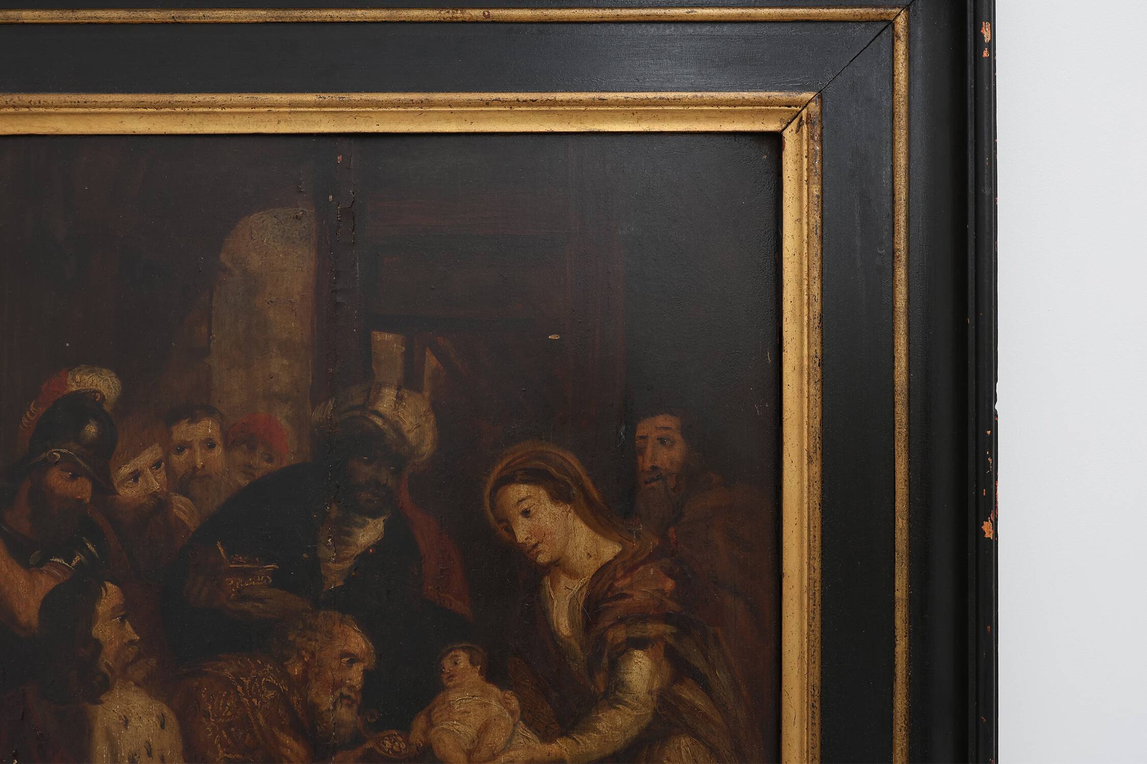 Flemish 18th century framed religious oil on wood painting Adoration of the