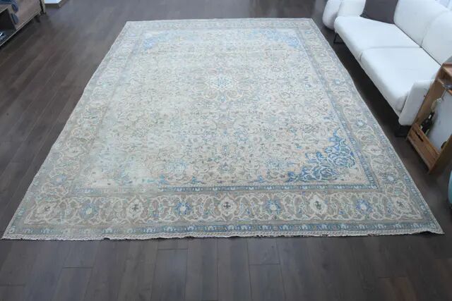 1970s Vintage Persian Handmade Wool Cotton Beige Area Rug 292x396