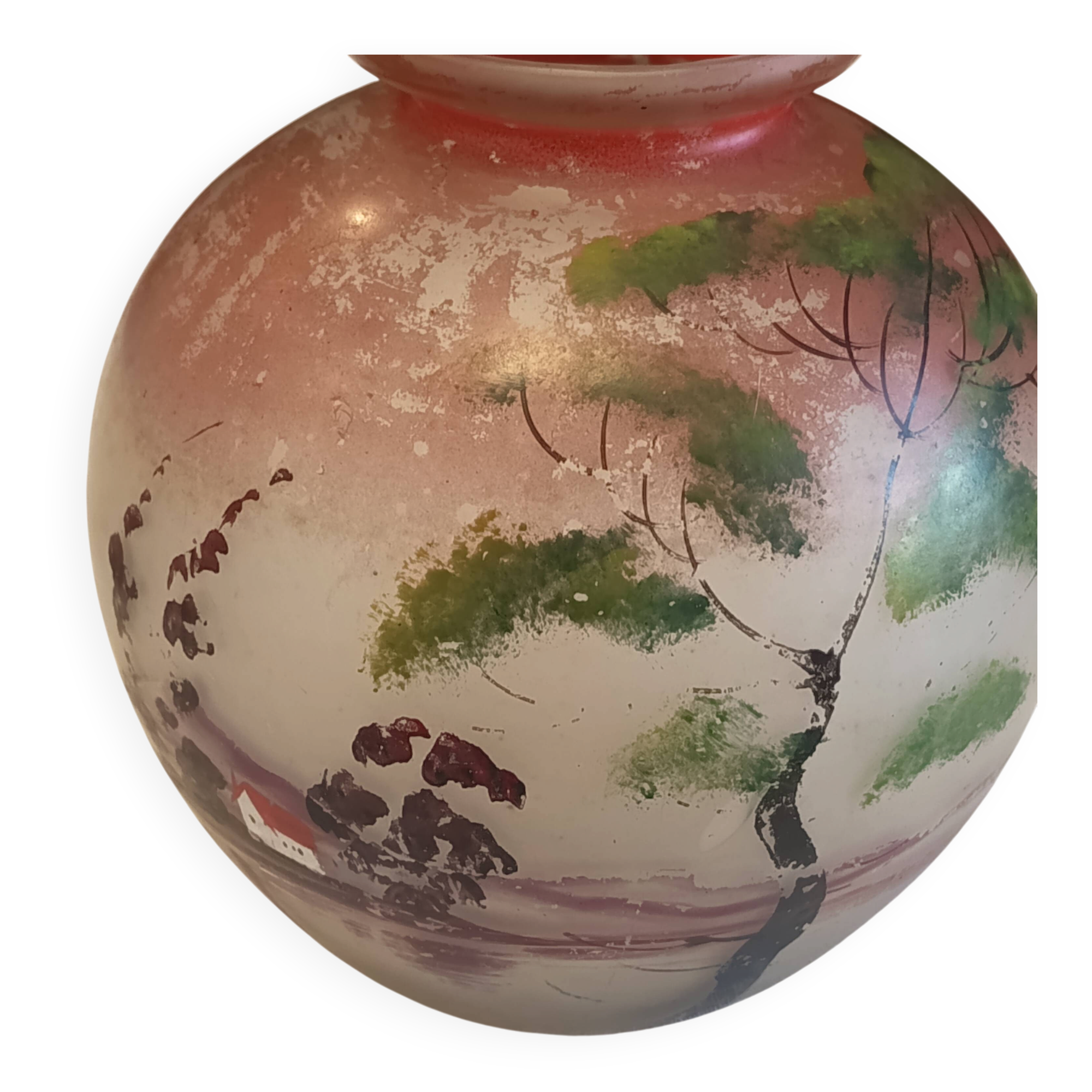 Round glass vase decorated with a landscape according to JS Peynaud.
