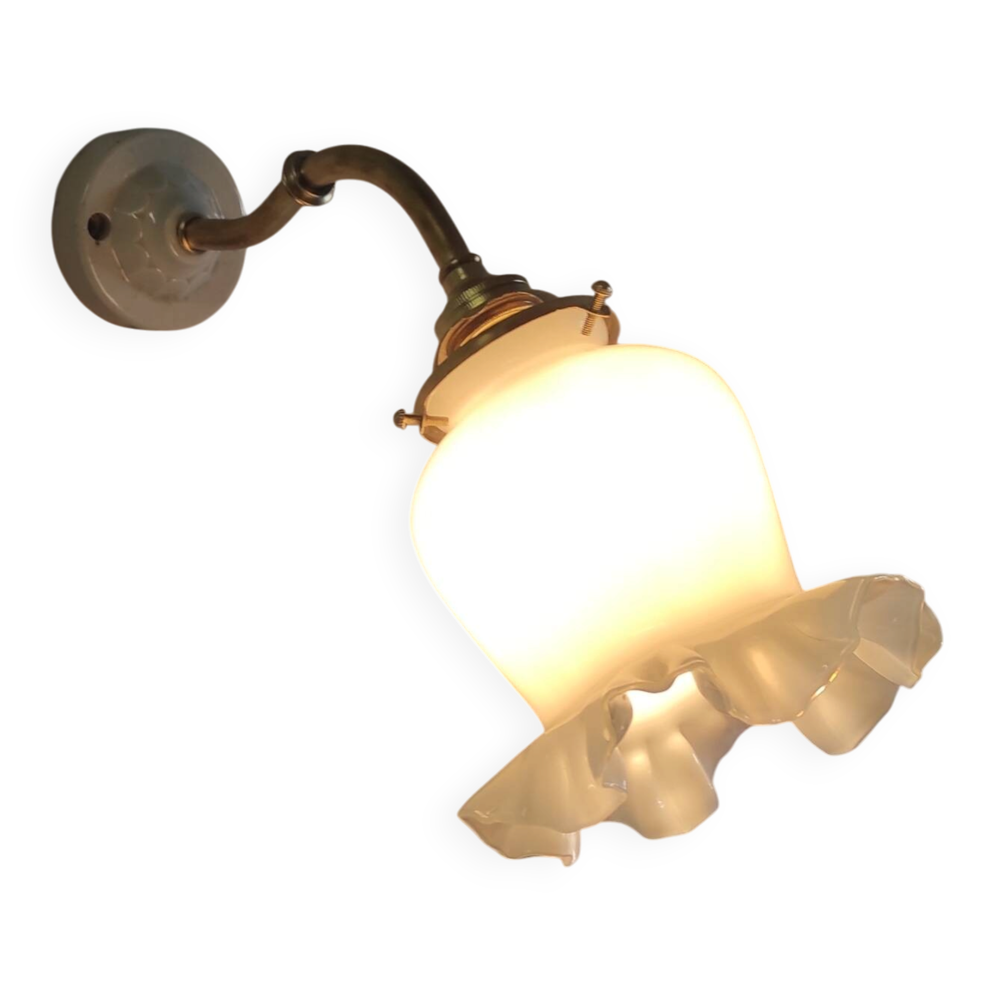 Swan neck wall light in brass, porcelain and opaline - mid 20th century.