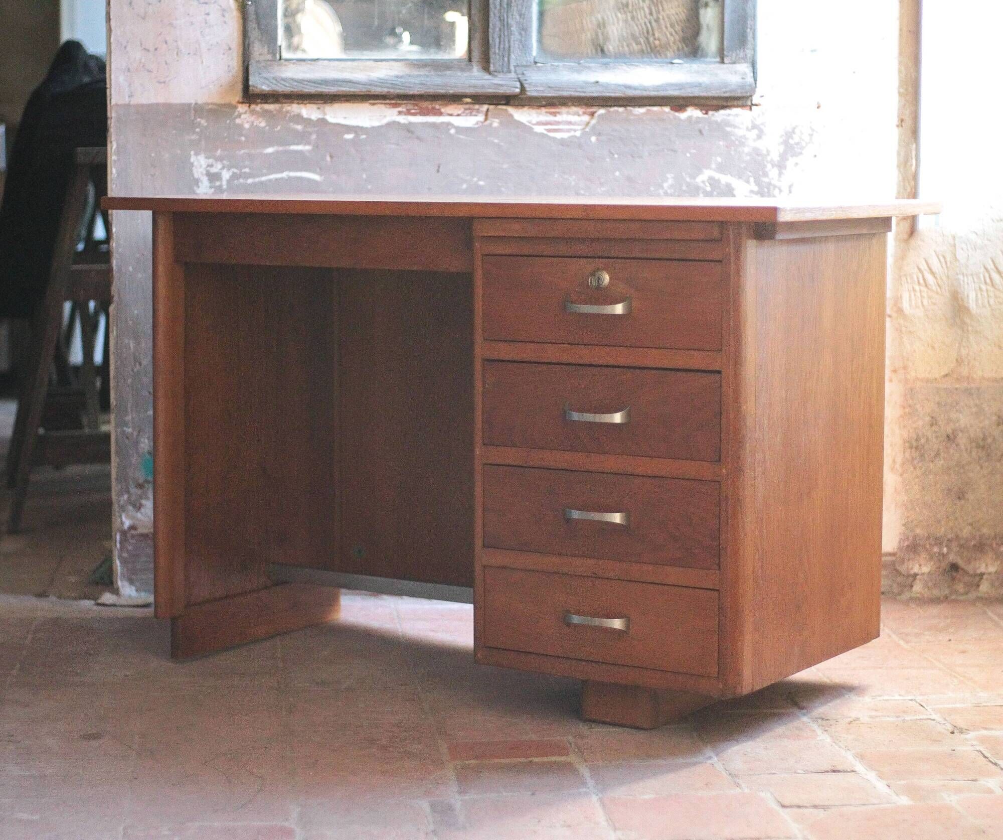 Vintage desk, children's wooden desk in art deco style, desk with drawers