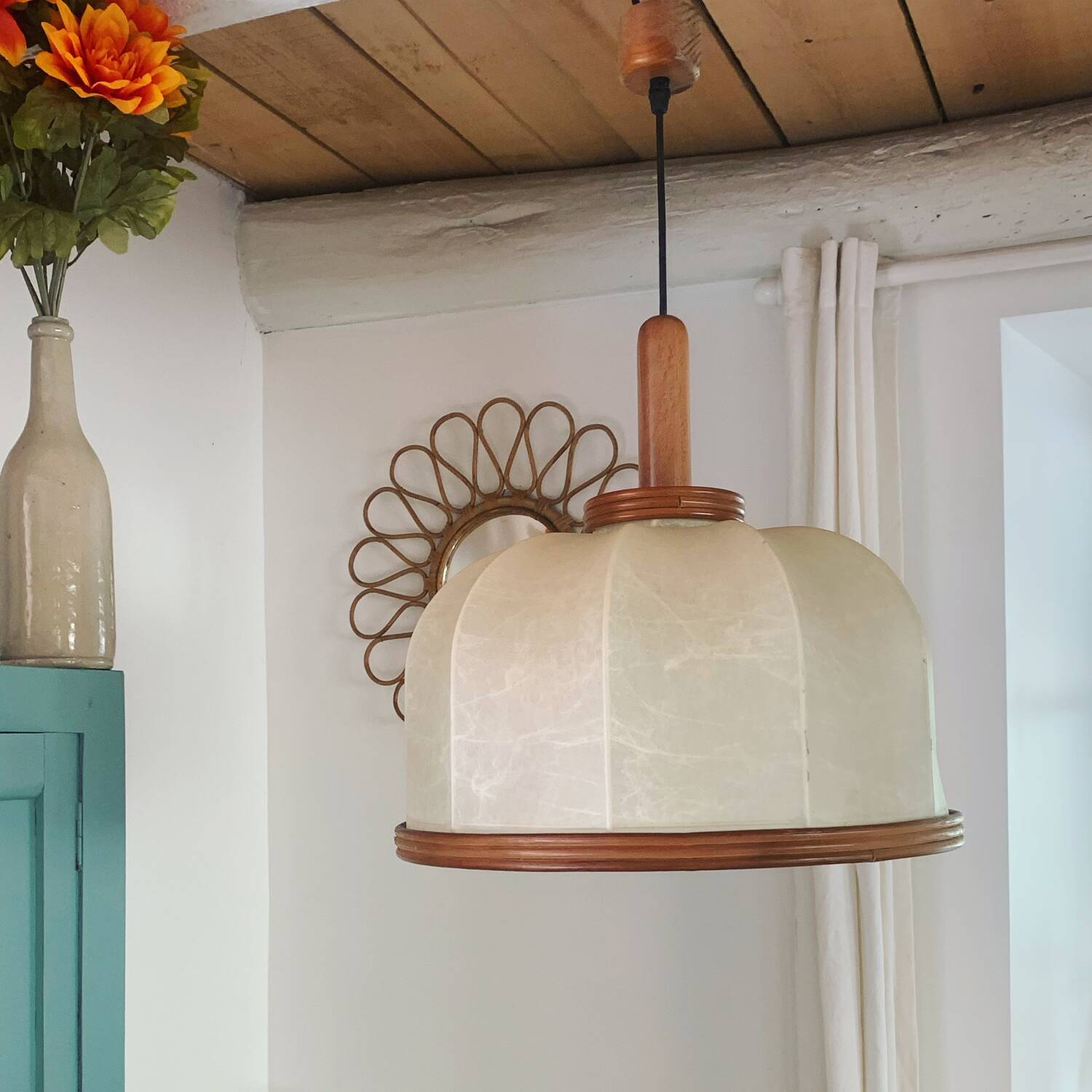 Vintage leather and rattan pendant light