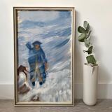Peinture à l’huile encadrée vintage du milieu du siècle - Tempête de neige