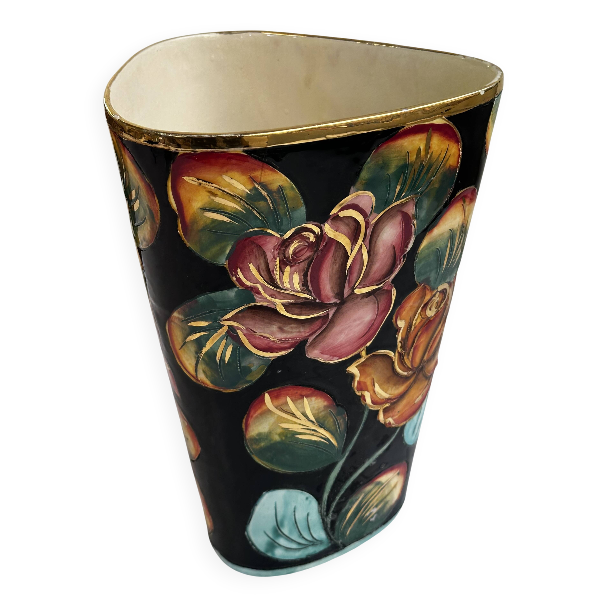 Grand Vase Vallauris Décor Floral peint à la main H 30 cm