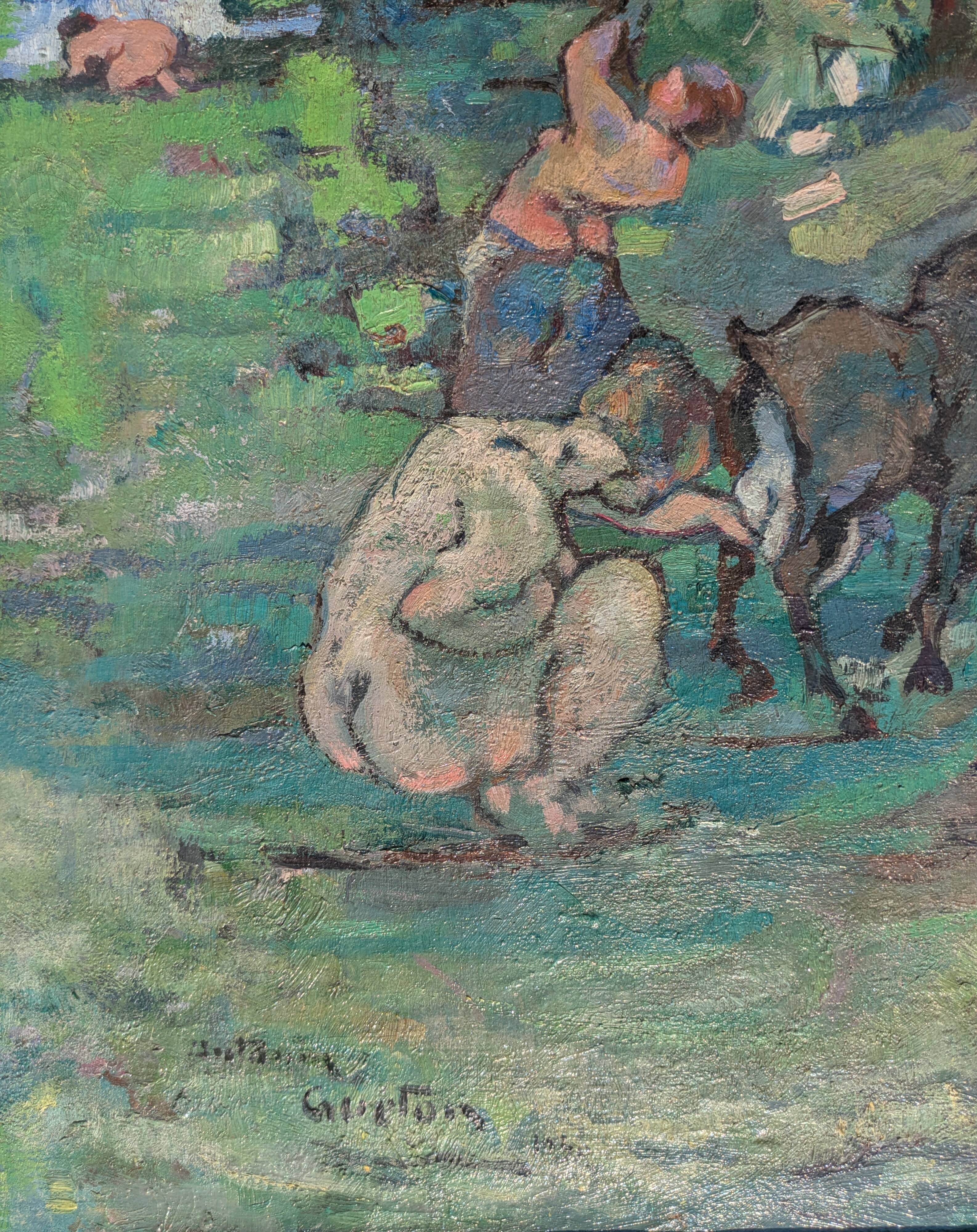 Tableau huile sur toile, chèvres et paysannes, 1930