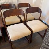 Restored - Set of 4 Baumann chairs, "Luge / Sleigh" model, 60s - Beech and cappuccino beige velvet - Scandinavian design