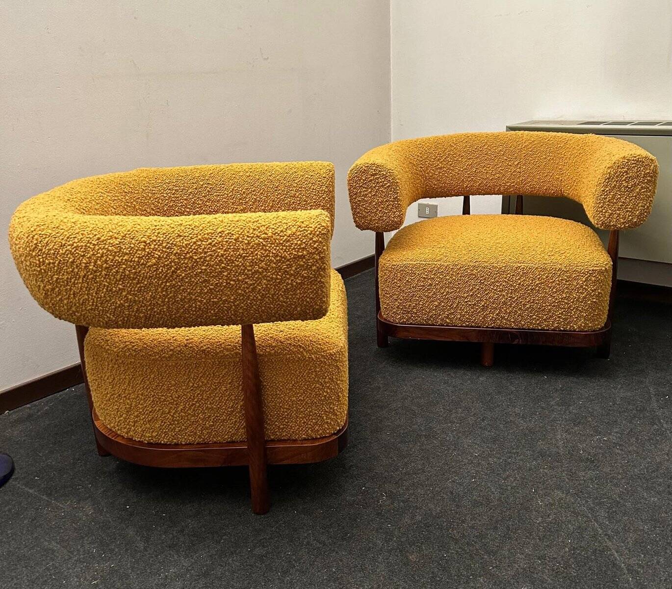 Set of Lounge Chairs with Tapered Legs in Mustard Bouclé Wood, 2000s