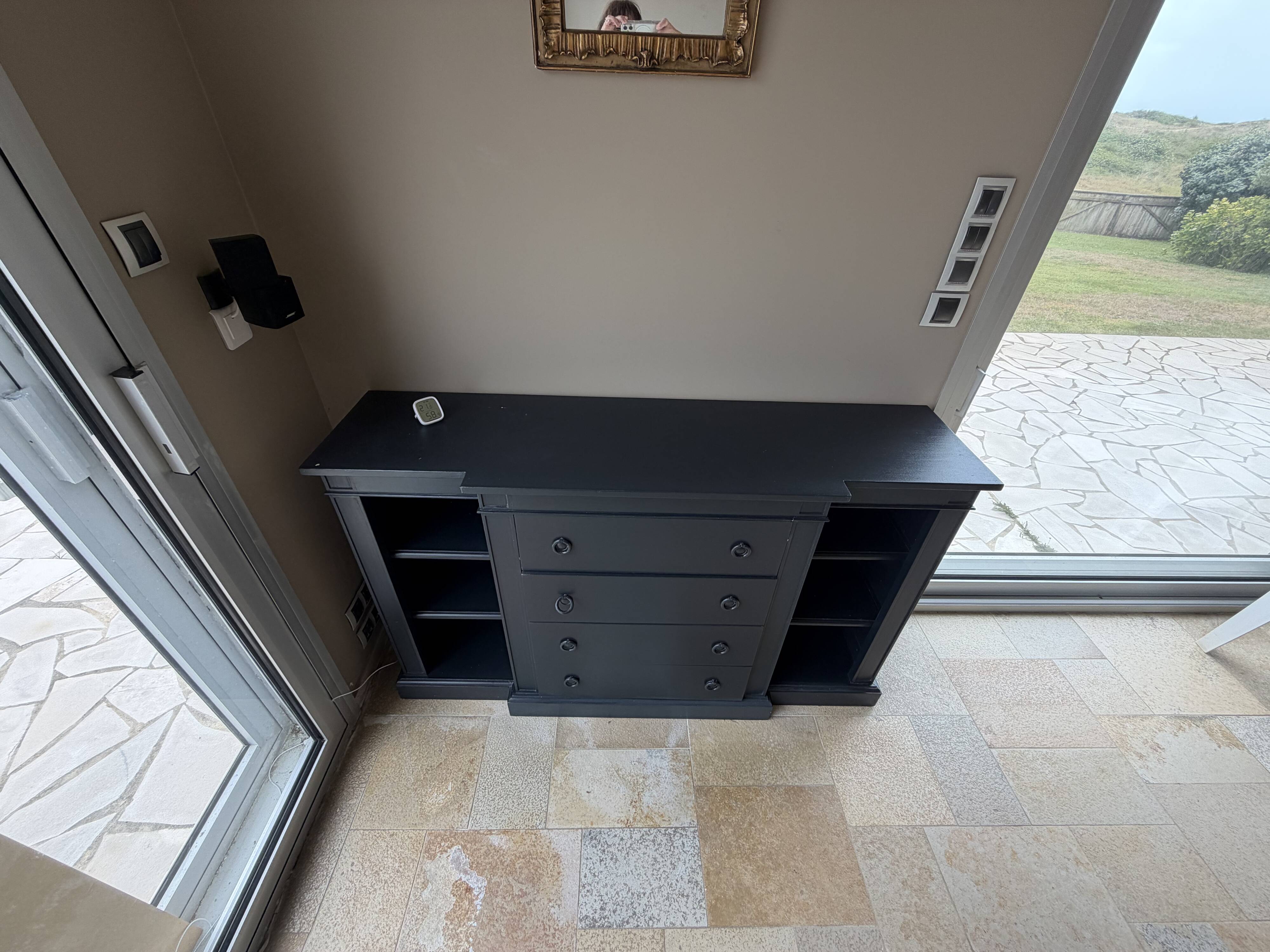 Low buffet with niches, chic country style, anthracite black, wood.