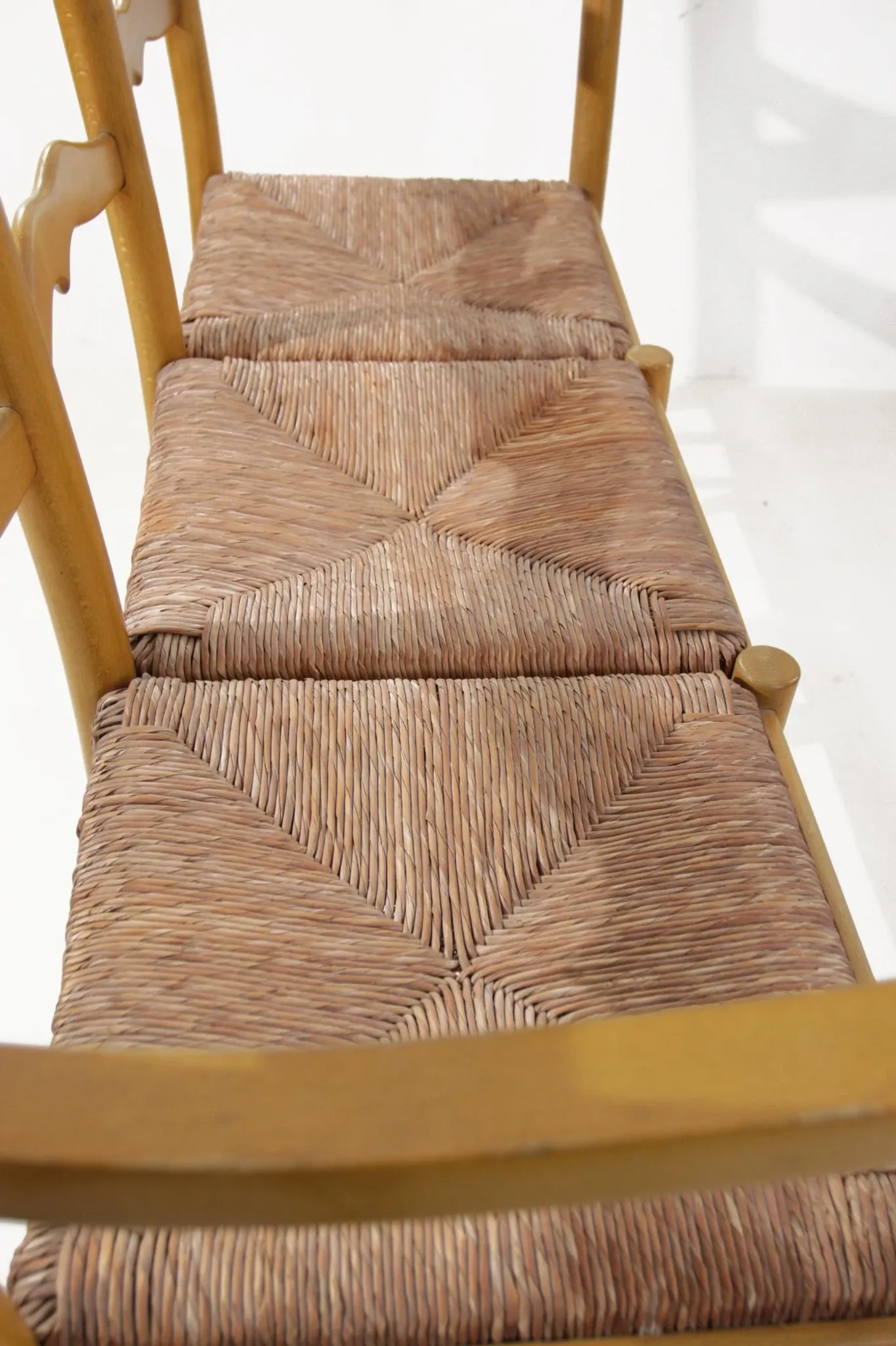 Beech three-seater bench with rush seat – 1960s