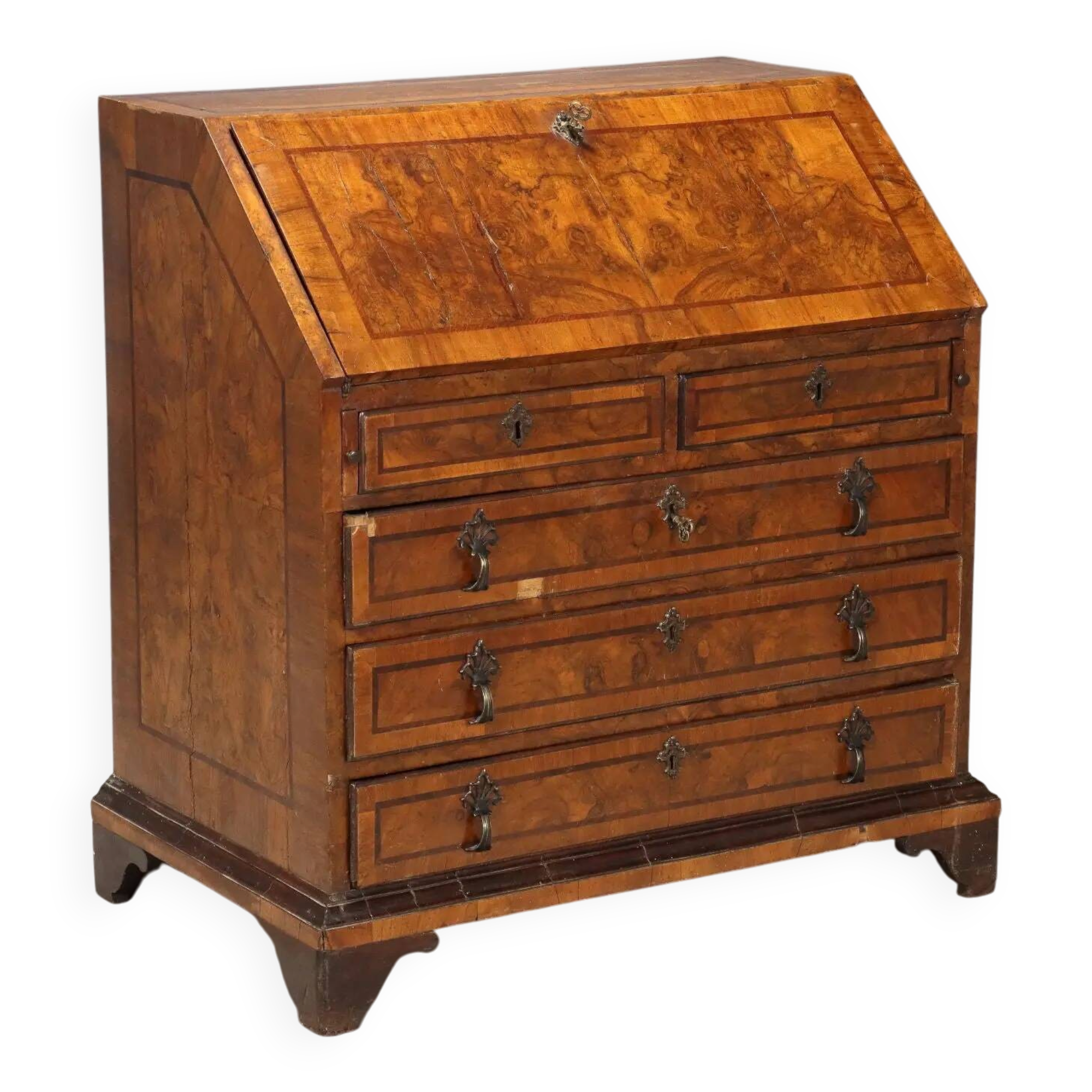 Antique walnut burr drop-leaf cabinet with 8 drawers, Italy, 18th century.
