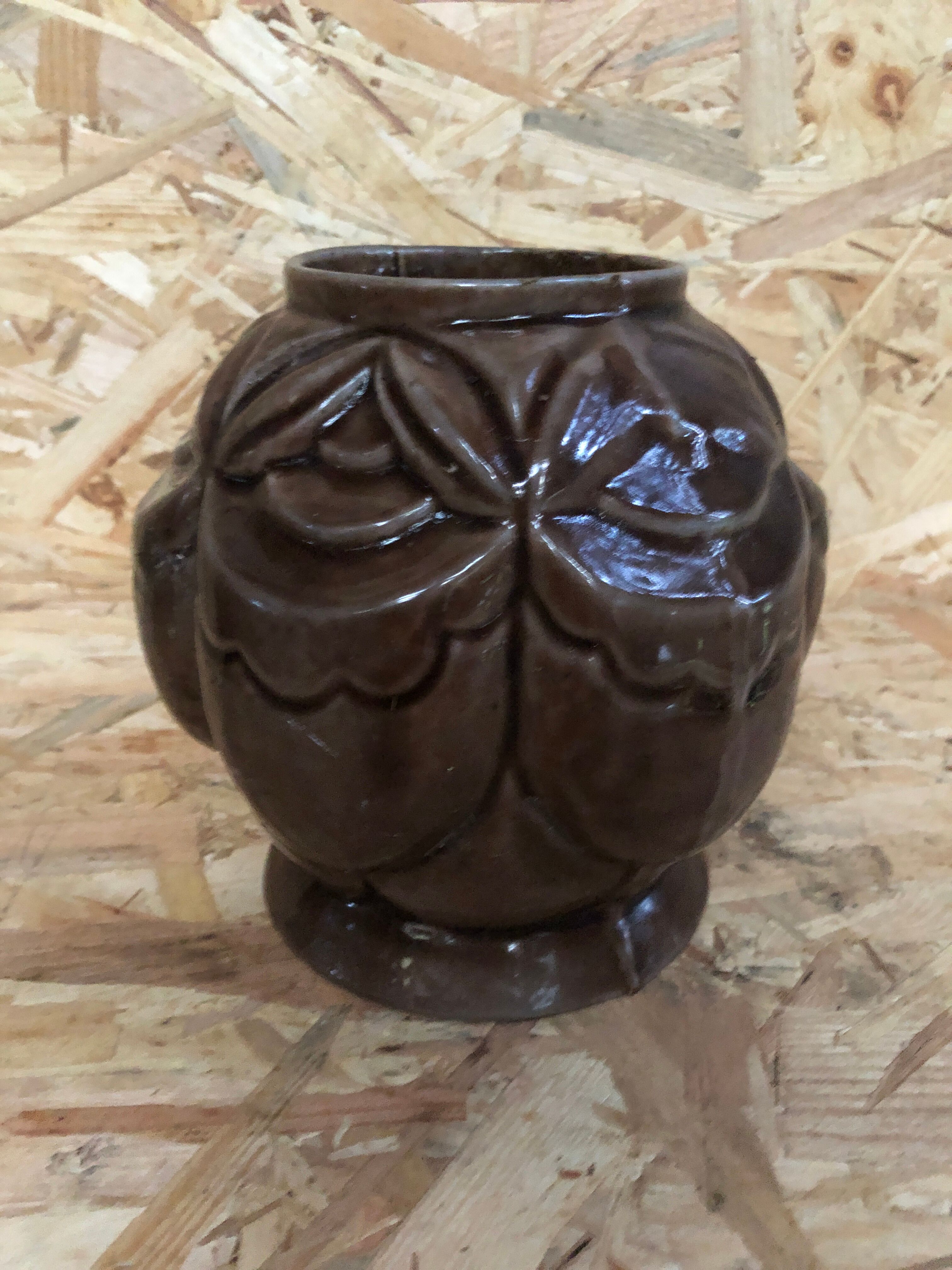 Old art deco vintage brown enameled cast iron plant pot