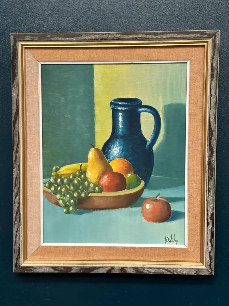 Original Swedish Oil on Canvas – 'Still Life with Fruits and Jug', Unknown Artist – Signed – Vintage and Framed – 52 × 44 cm (20.4" × 17.3")