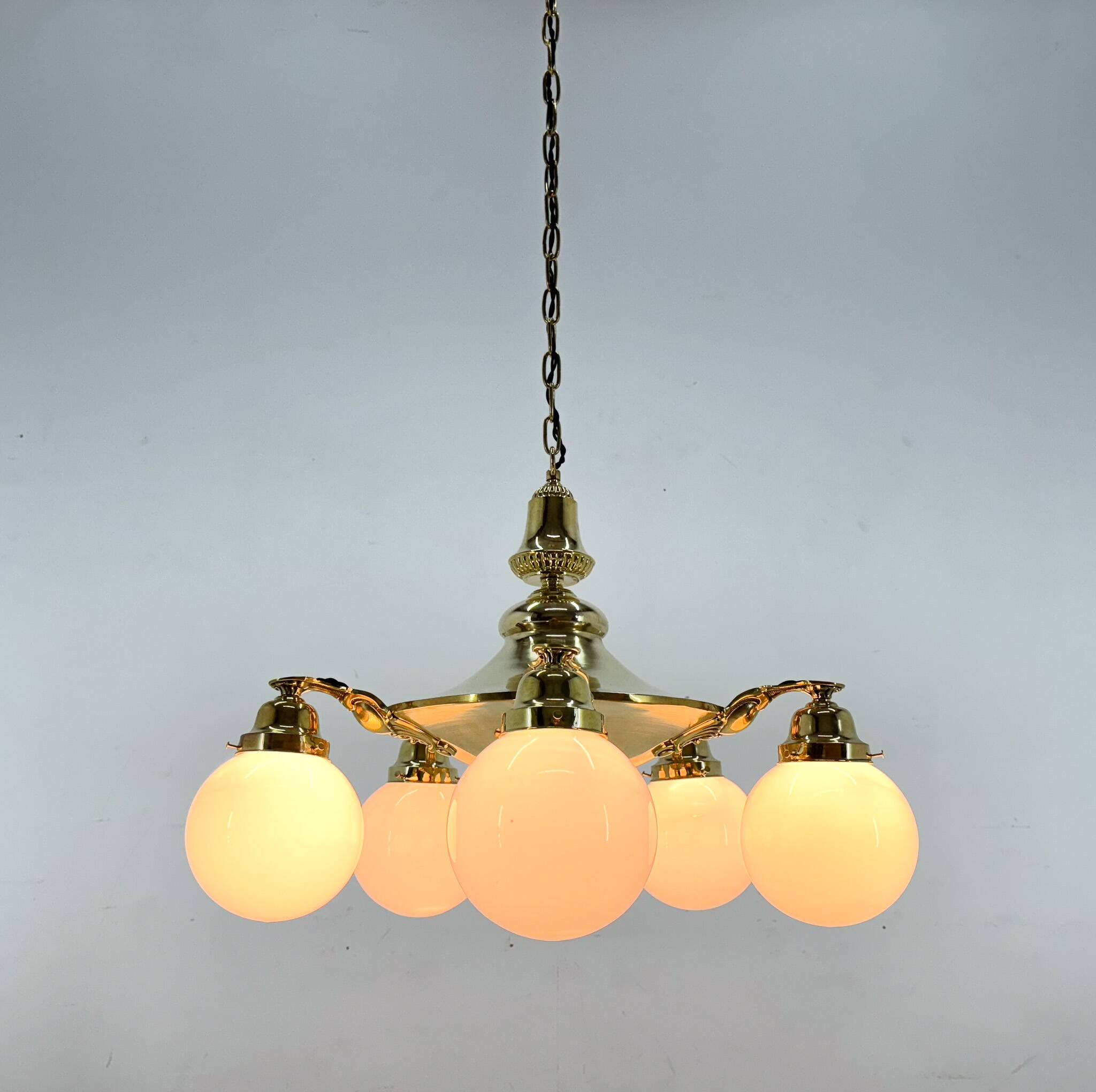 Large Art Deco Bras Chandelier, Restored