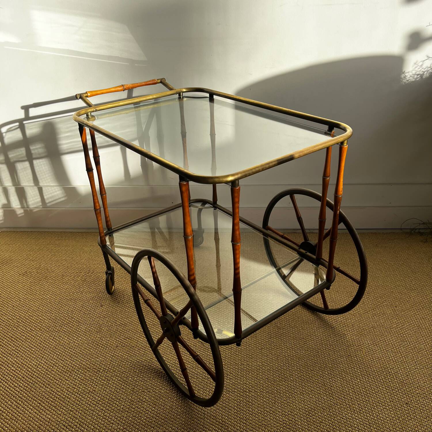 Bar cart in faux bamboo attributed to Maison Jansen.