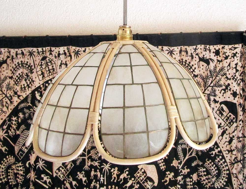 Hanging lamp mother-of-pearl, rattan and brass