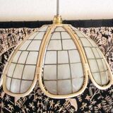Hanging lamp mother-of-pearl, rattan and brass