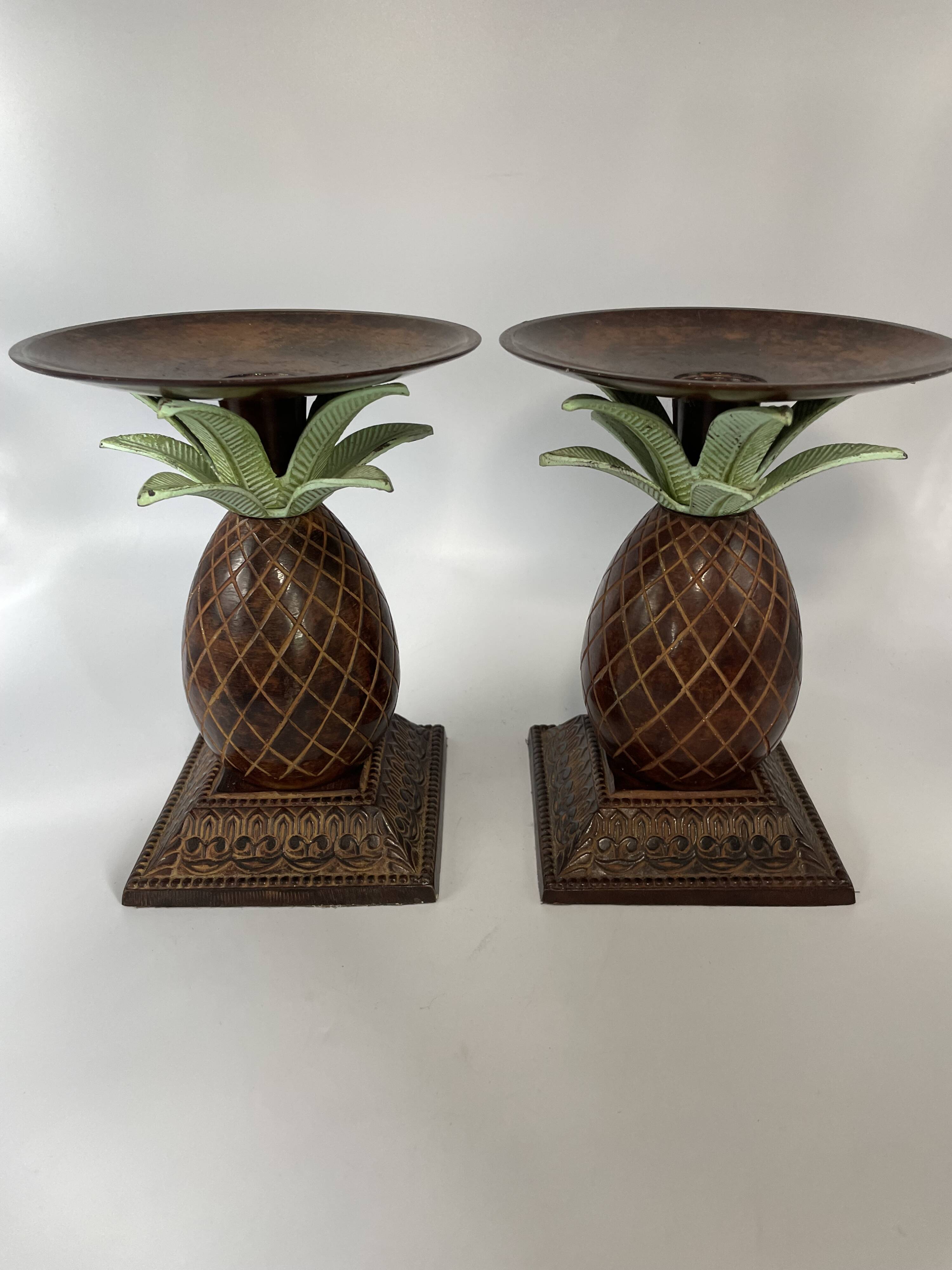 Pair of vintage bronze pineapple candlesticks
