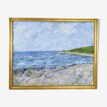 Oil painting on canvas with motif of beach and sea painted by sixten wiklund