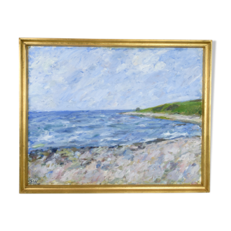 Oil painting on canvas with motif of beach and sea painted by sixten wiklund