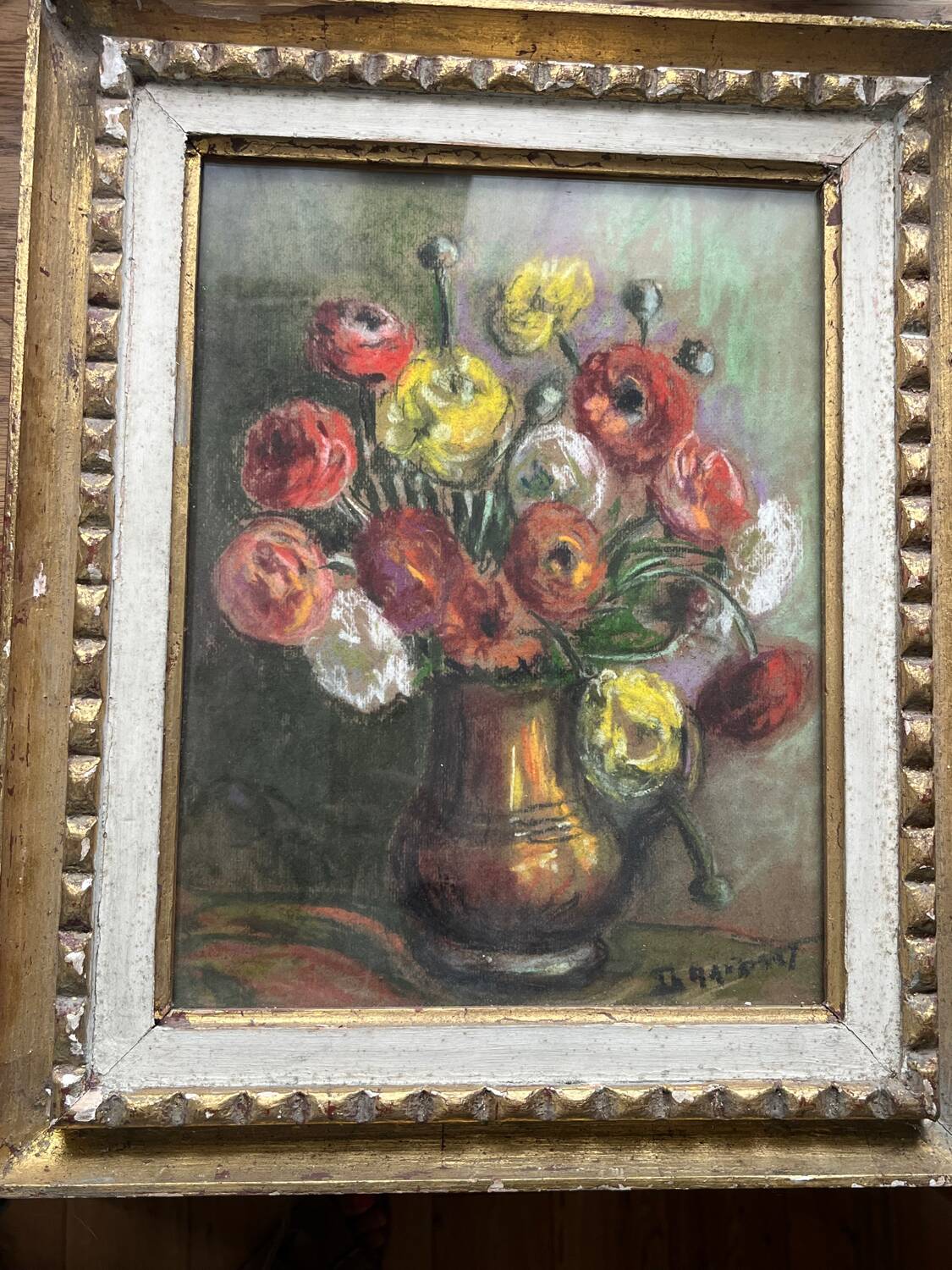 Pastel bouquet de renoncules signé T. Maisonny