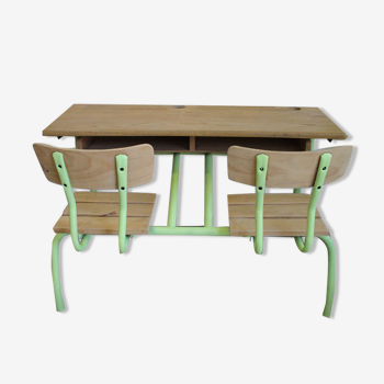 Restored two-seater school desk green and natural wood