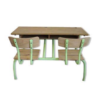 Restored two-seater school desk green and natural wood