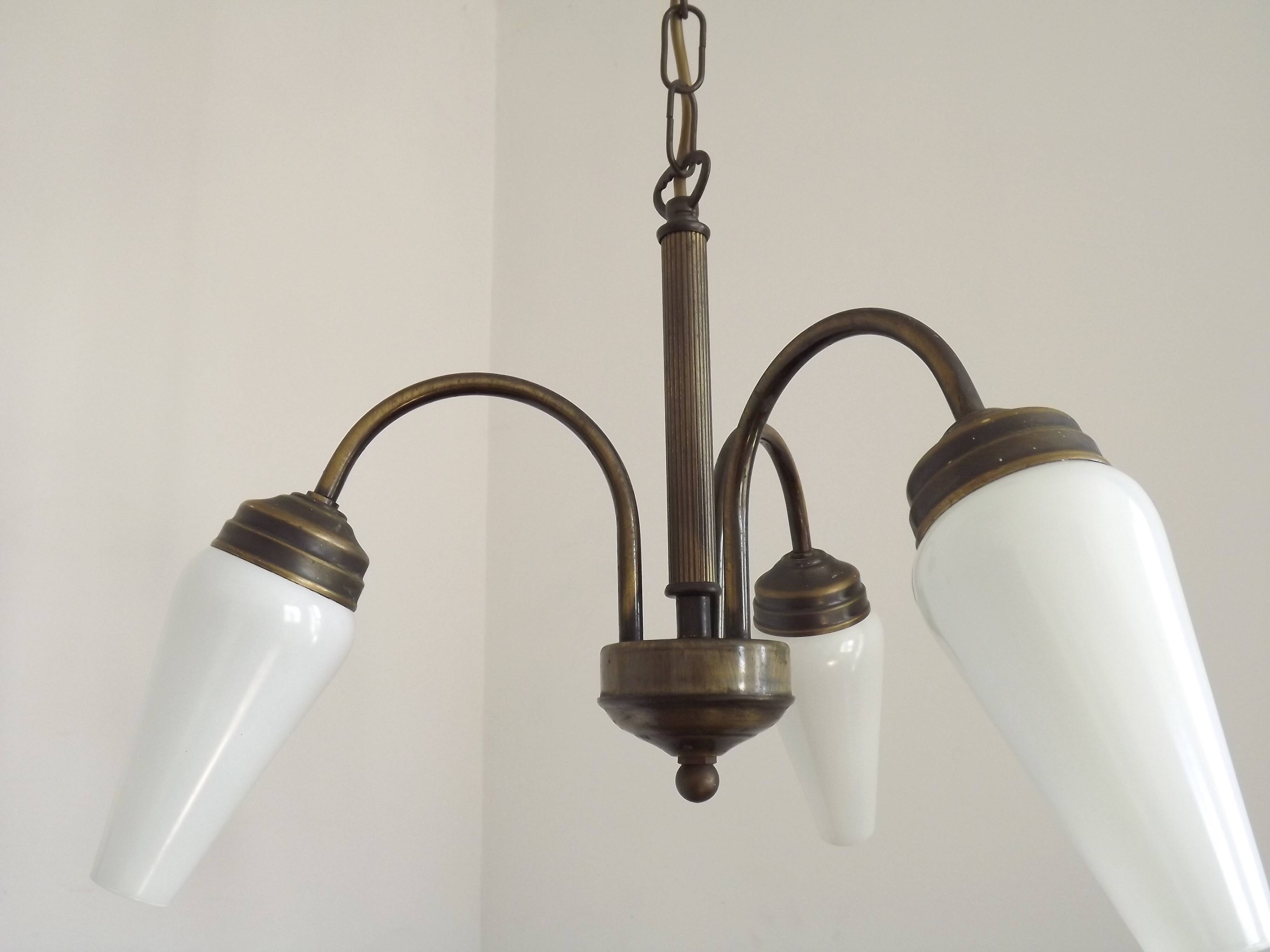 French Vintage Retro Bronze Effect Metal 3 Light Chandelier Glass Shade