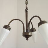 French Vintage Retro Bronze Effect Metal 3 Light Chandelier Glass Shade