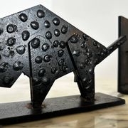 Pair of brutalist buffalo / bison bookends, black metal, mid-century